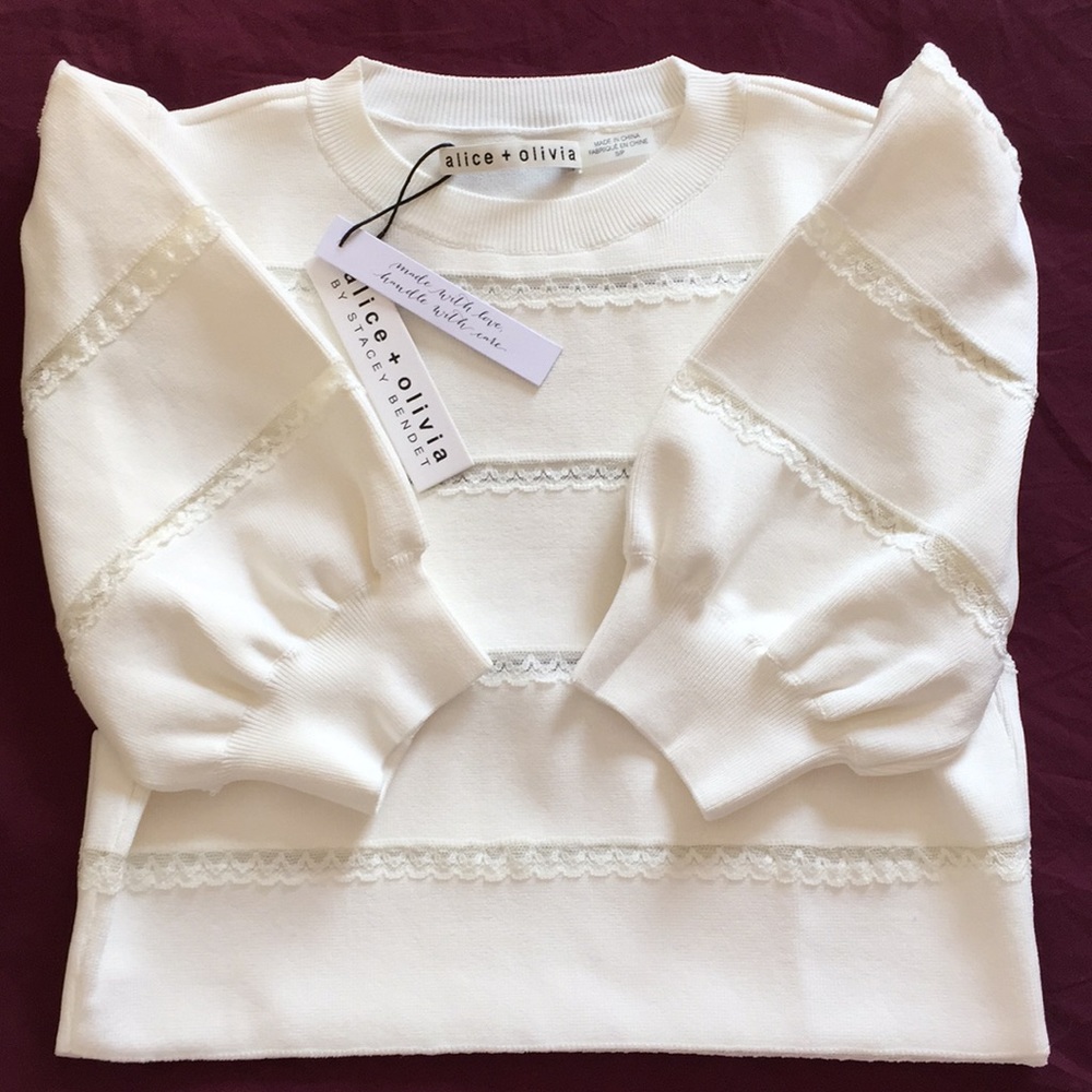 Alice Olivia Lavona Puff Sleeve Lace Inset Top